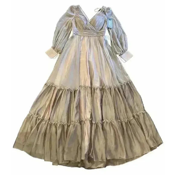 Mac Duggal Wrap Illusion Bishop Sleeve Tiered Gown Sz 6 Mocha Formal Maxi Dress - Picture 6 of 7